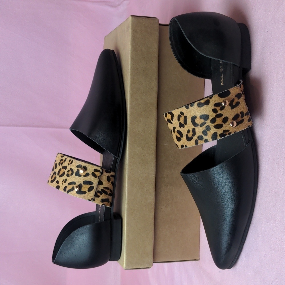 All Black D'Orsay Leopard Print Black Genuine Leather Pointed Toe Shoes Size 37